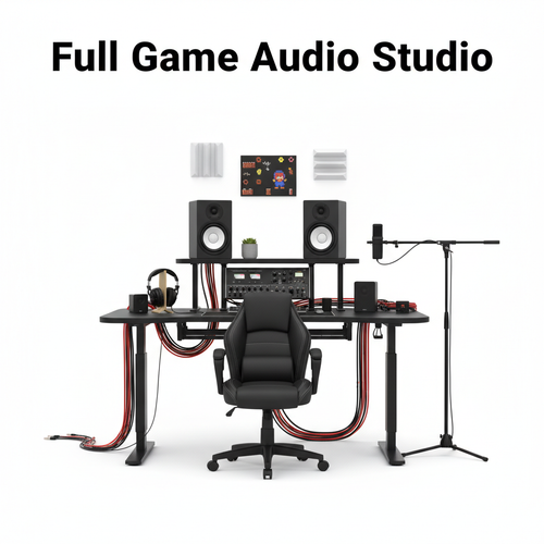 All-in-one studio bundle with desk, chair, monitors, audio interface, headphones, stands, cables, and decor on white background