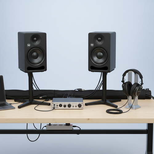 Advanced home studio kit with larger monitors, stands, headphones, audio interface, and cables on gradient background