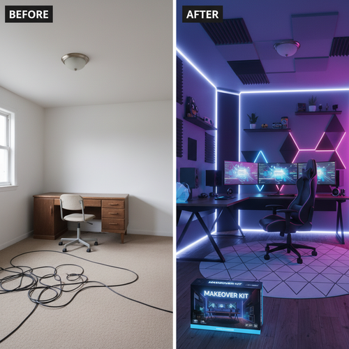 Before and after of plain room transformed into game audio studio with desk, chair, wall panels, and RGB lighting